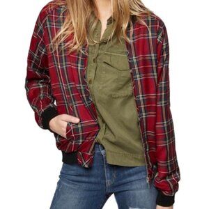 SANCTUARY Anthropologie Classic Red Tartan Plaid Bomber Jacket XL Holiday Coat